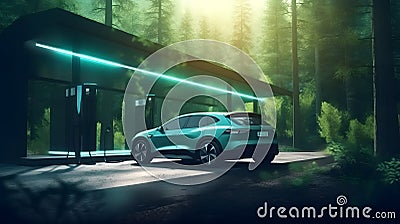 Green Energy in Nature's Embrace: Electric Car Refueling Station amidst Lush Forest, Promoting Eco-Friendly Future with Zero Stock Photo