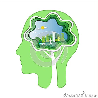 Green energy and save environment concept, Human head with brain, Man and dog are running in city parks Vector Illustration