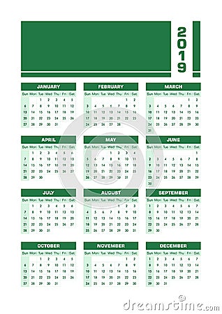 Green 2019 English calendar Vector Illustration