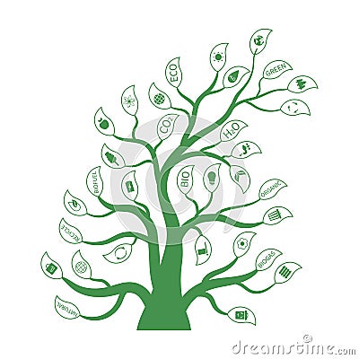 Green enviroment tree with different ecology leaves icons. Enviromental icons in leaves. Recycle, natural, organic, biofuel. Vector Illustration