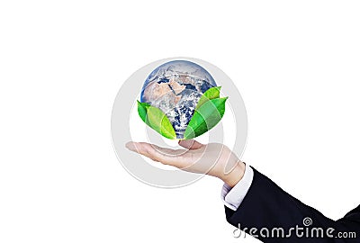 Green and environmental business, saving the world. Businessman hand holding globe with leaves, isolated on white background. Elem Stock Photo