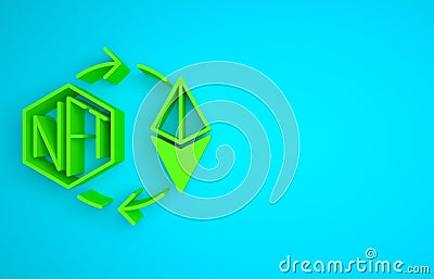 Green Ethereum exchange NFT icon isolated on blue background. Non fungible token. Digital crypto art concept. Minimalism Cartoon Illustration