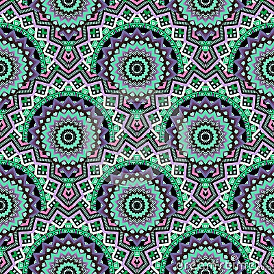 Green ethnic tiled mandalas seamless pattern. Colorful tribal background. Floral round bohemian ornaments. Geometric Vector Illustration