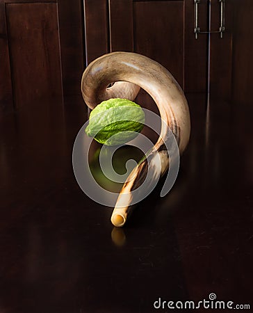 Green etrog with long shofar Stock Photo