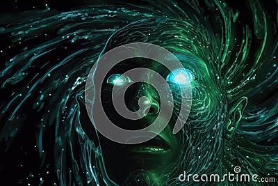 Green eye male demon in a mystery art style Stock Photo