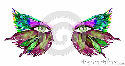 Green fairy eyes with makeup, purple, green wings of butterfly shape eyeshadows Cartoon Illustration