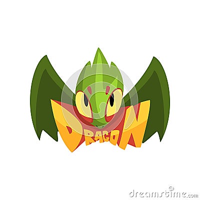 Green fairy tale dragon with eyes and wings. Cartoon character of mythical creature. Flat vector design for mobile game Vector Illustration