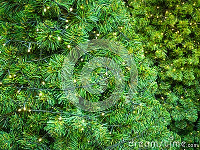 Green fake Christmas tree branches shaping a festive pine tree with yellow decorative light bulb. Stock Photo
