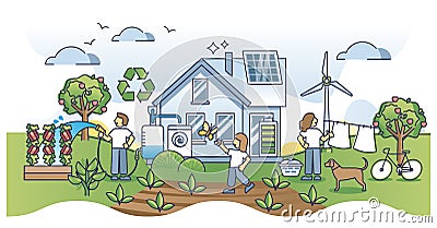 Green family home with sustainable ecological lifestyle scene outline concept Vector Illustration