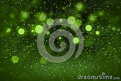 Green fantastic bright glitter lights defocused bokeh abstract background with sparks fly, festive mockup texture with blank space Stock Photo