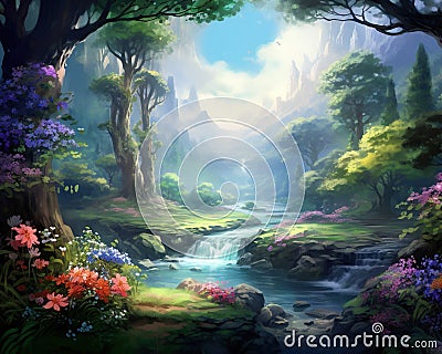 Green fantasy adventure forest flowers garden river Green fantasy adventure forest flowers garden Stock Photo