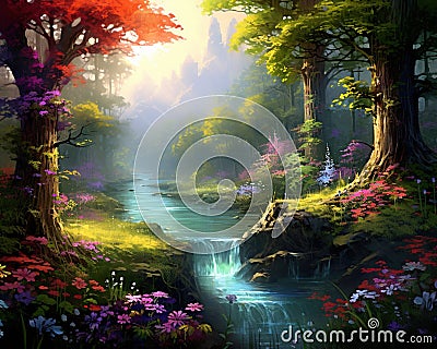 Green fantasy adventure forest flowers garden river Green fantasy adventure forest flowers garden Stock Photo