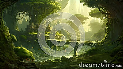 Green fantasy adventure forest flowers garden river Stock Photo