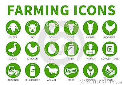 Green Farming or Farm Icon Set of Sheep, Pig, Cow, Goat, Horse, Rooster, Goose, Chicken, Egg, Milk, Farmer, Concentrate, Tractor, Stock Photo