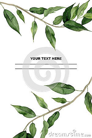 Green ficus branches frame. Watercolour plant design for a greeting, wedding invitation, postcard, card, notebook Stock Photo