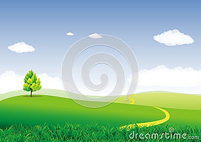 Green field and blue sky Vector Illustration