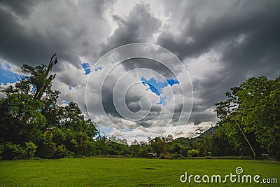 Green field with dramatic rainy clouds Stock Photo