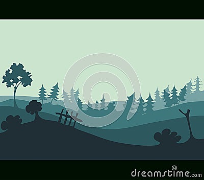 Green Field Environment with Various Trees. Vector Illustration