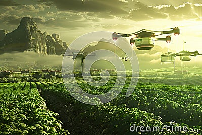 Green Field With Flying Objects Stock Photo