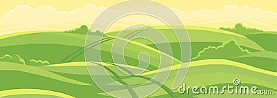 Green field landscape. Field track road. Spring grass. Agricultural farming acreage. Rural landscape. Vector background. Vector Illustration