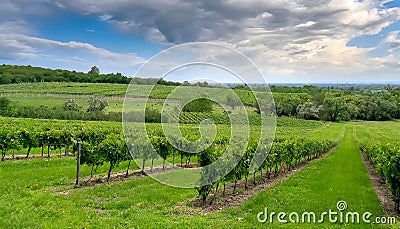 green field with rows of vines for harvesting Ripe grapes for the production of fine wines Stock Photo