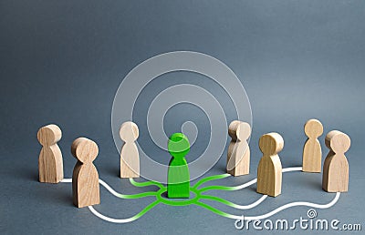 The green figure of a person unites other people around him. Call for cooperation, creating a new team. Leader and leadership Stock Photo