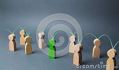 The green figure of a person unites other people around him. Social connections, communication. Organization. Call for cooperation Stock Photo