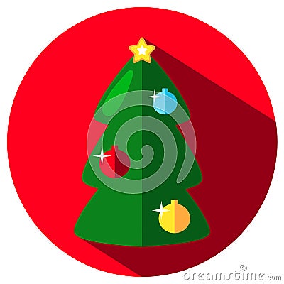 Green fir tree icon with colorful ornaments. Christmas or New Year stamp or logo with fir tree. Stock Photo