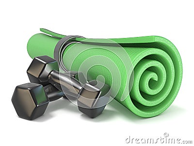 Green fitness mat and black weights. 3D Cartoon Illustration