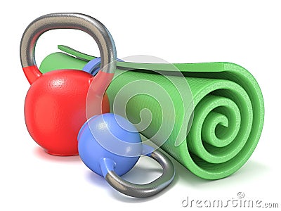 Green fitness mat and kettle bells weights. 3D Cartoon Illustration