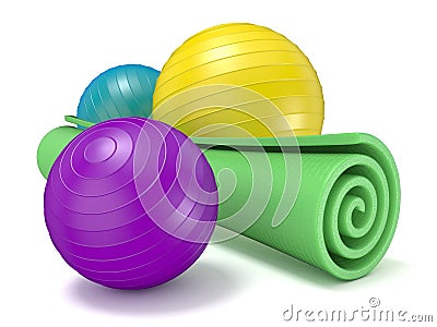 Green fitness mat and pilates ball. 3D Cartoon Illustration
