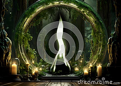 Green Flame of Archangel Raphael in a mystic portal made of roots, candles and moss, embedded in a mysterious jungle. Stock Photo