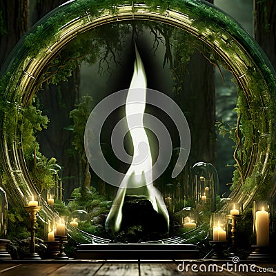Green Flame of Archangel Raphael in a mystic portal made of roots, candles and moss, embedded in a mysterious jungle. Stock Photo