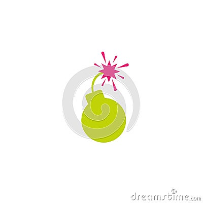 Green flat bomb icon. Round inclined to the right bomb with fuse and pink magenta fire. isolated on Vector Illustration