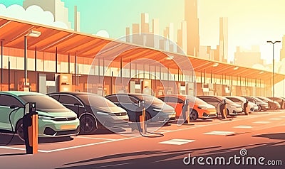 Green fleet electric cars charging at company parking station Creating using generative AI tools Stock Photo