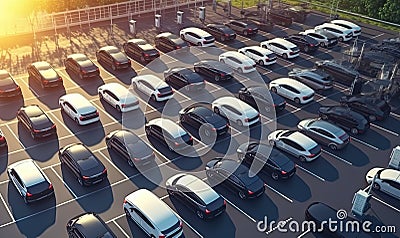 Green fleet electric cars charging at company parking station Creating using generative AI tools Stock Photo