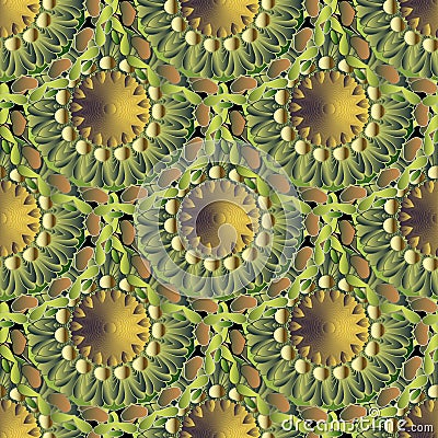 Green floral 3d vector seamless mandalas pattern. Leafy ornamental surface background. Textured repeat decorative tiled backdrop. Vector Illustration