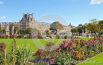 Green and floral Tuileries gardens in Paris Editorial Stock Photo