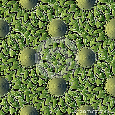 Green floral vector seamless mandalas pattern. Leafy ornamental surface background. Textured repeat decorative flourish backdrop. Vector Illustration