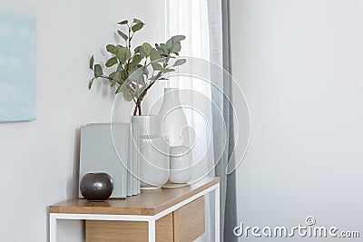 Green flowers in grey vase next to books on wooden console table in bright living room interior Stock Photo