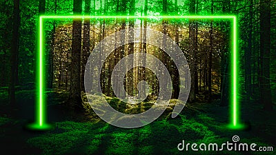 Green fluorescent neon laser lights in magical forest landscape. Stock Photo