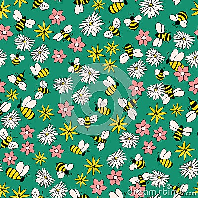 Green flying Bees seamless pattern background. Summer pattern with flowers and bees. Doodle bugs pattern. Vector Illustration