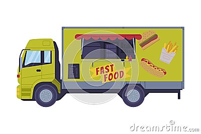 Green Food Truck as Equipped Motorized Vehicle for Cooking and Selling Street Food Vector Illustration Vector Illustration