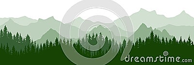 Green forest on background of mountains, silhouette. Beautiful landscape. Evergreen coniferous trees. Vector illustration Vector Illustration