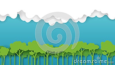 Green forest and blue sky paper art style Vector Illustration