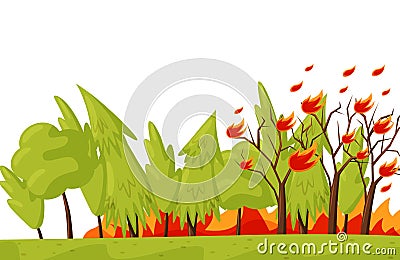 Green forest in fire. Burning trees. Natural disaster. Emergency situation. Wildfire theme. Flat vector design Vector Illustration