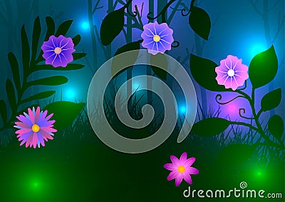 Green forest with flowers and fireflies at night. Cartoon Illustration