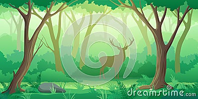 Forest landscape background with trees and deer silhouette in flat style Vector Illustration