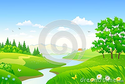 Green forest and river Vector Illustration