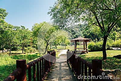 Green forest road with gazebo at Wolmi Park Traditional Garden in Incheon, Korea Stock Photo